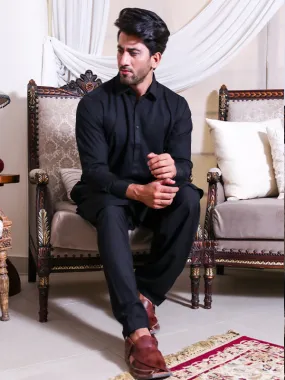 Black Fabric Stitched Shalwar Kameez Suit with Shirt Collar - Fabron Material