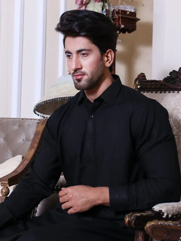 Black Fabric Stitched Shalwar Kameez Suit with Shirt Collar - Fabron Material