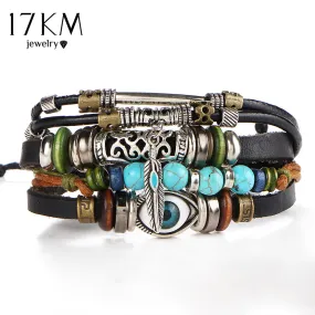 17KM Punk Design Turkish Eye Bracelets For Men Woman New Fashion Wristband Female Owl Leather Bracelet Stone Vintage Jewelry