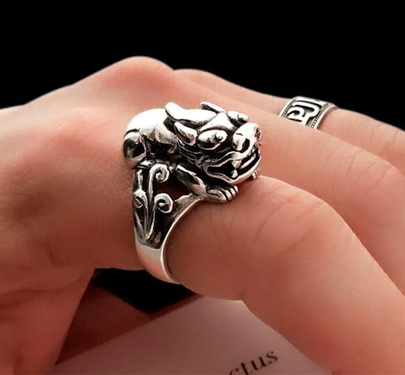 925 Silver Vintage Lucky Symbol Animal Brave TroopsPunk Ring for Men