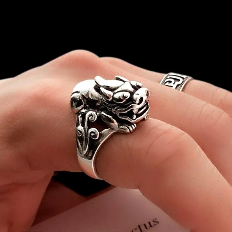 925 Silver Vintage Lucky Symbol Animal Brave TroopsPunk Ring for Men