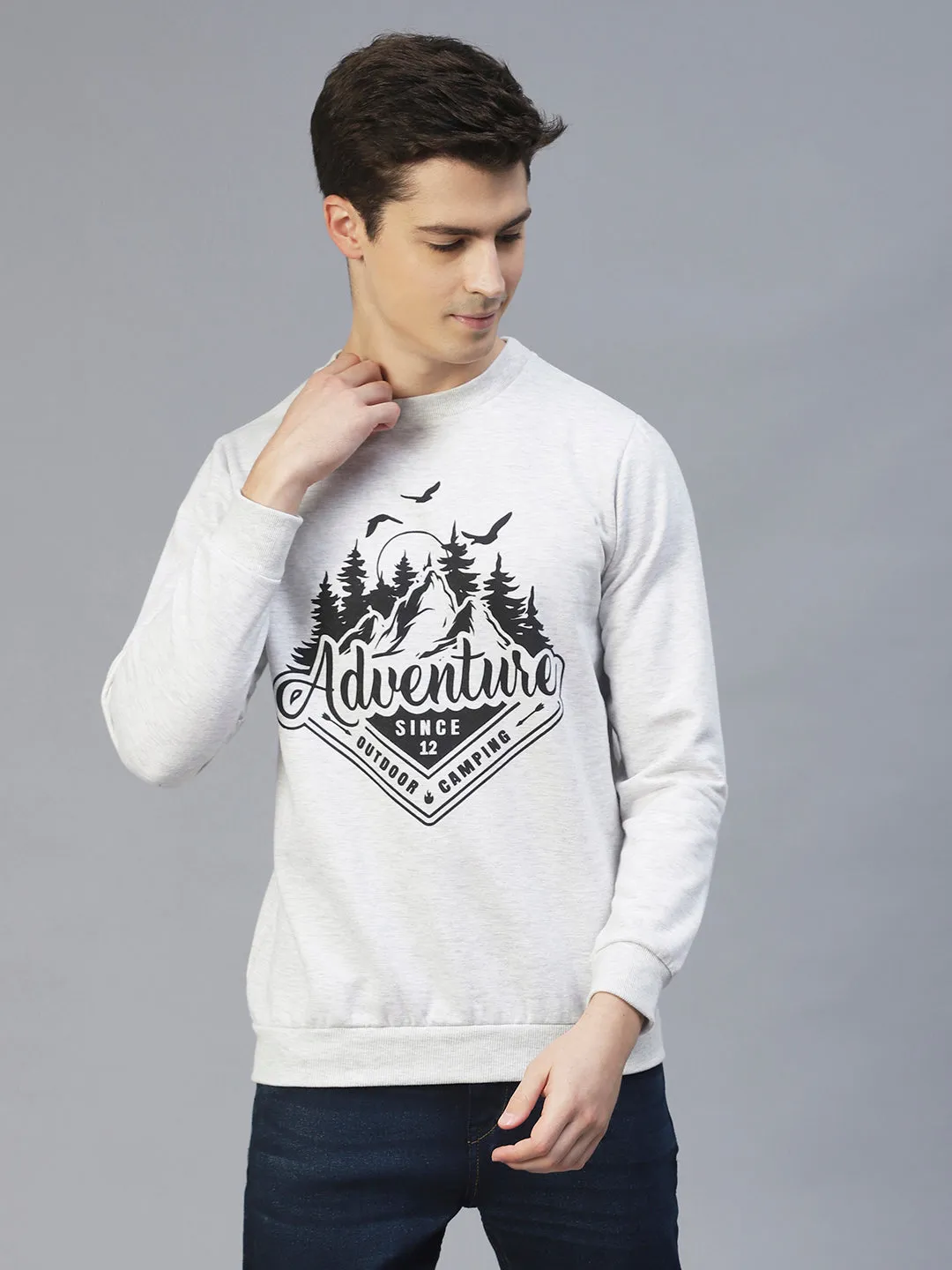 Acro Melange Printed Round Neck Fleece Sweatshirt