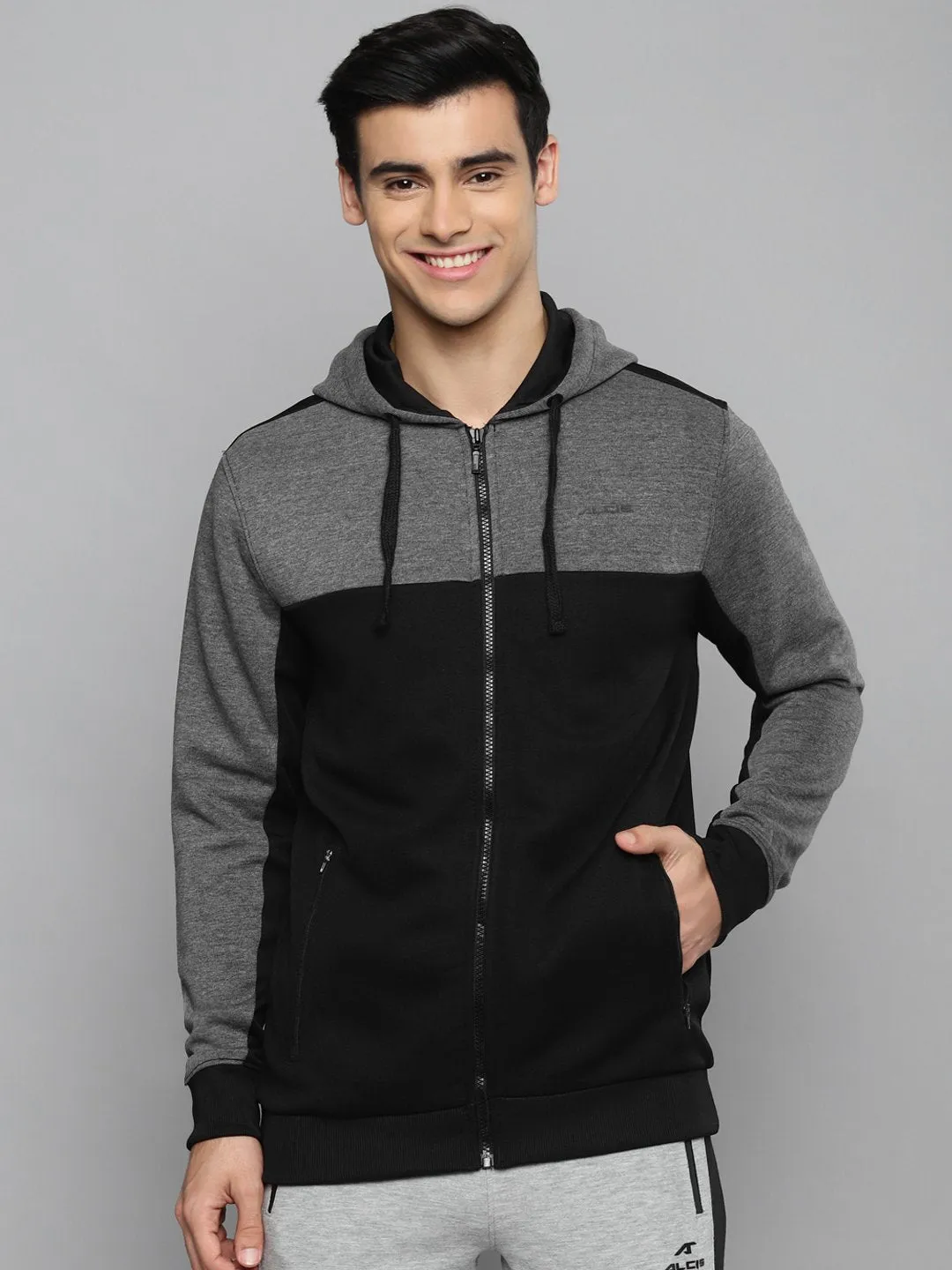 Alcis Men Black & Charcoal Grey Colourblocked Hooded Sweatshirt