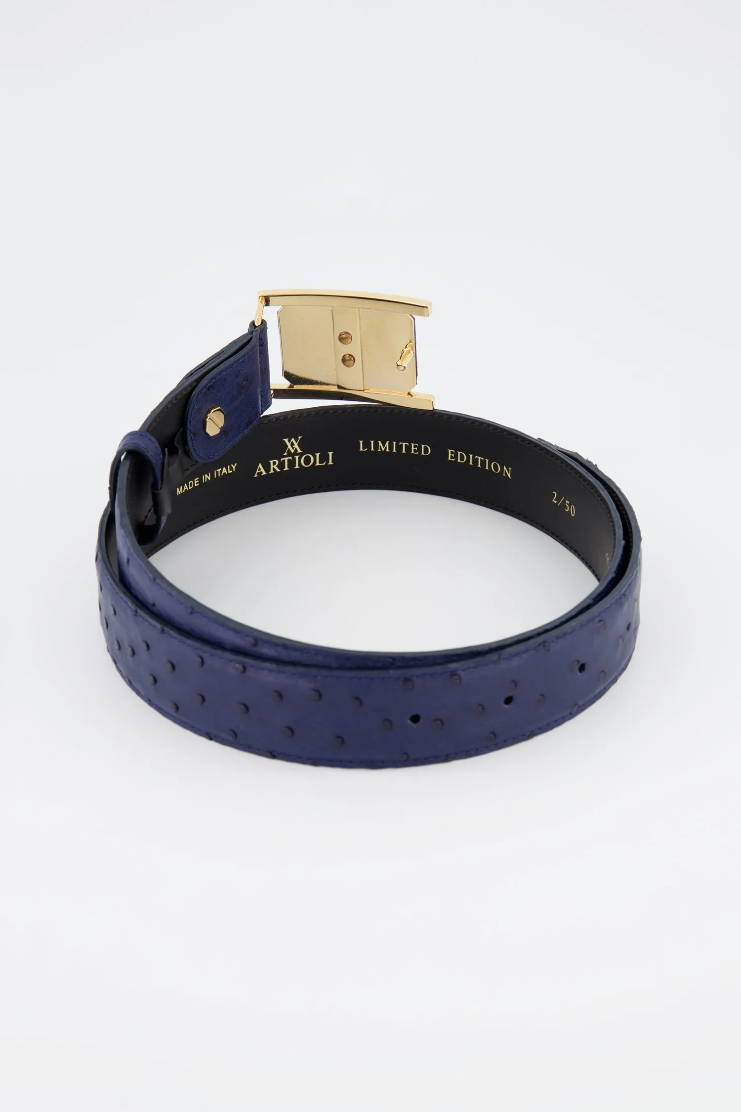 Artioli Blue/Gold Ostrich Belt