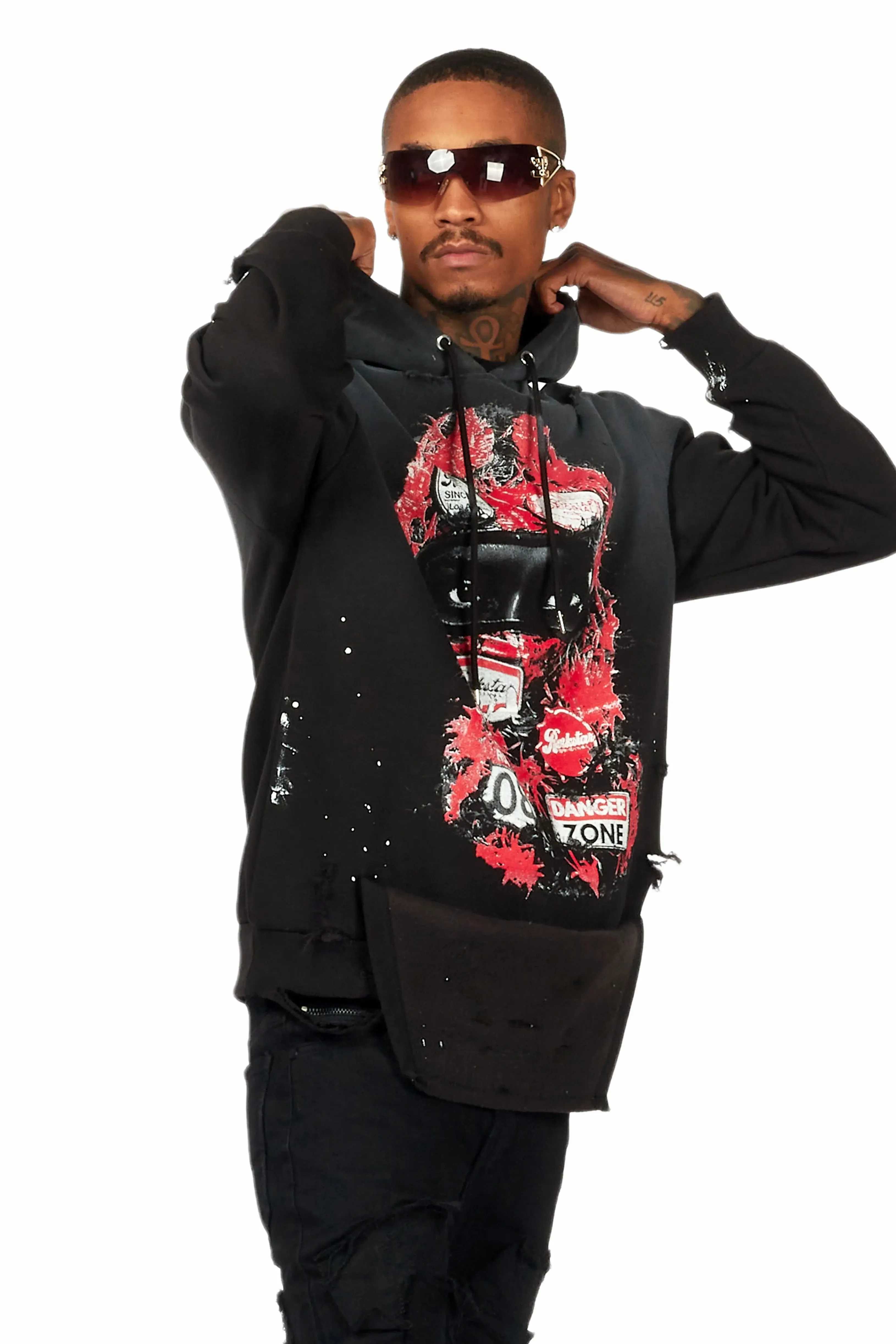 Barth Black Graphic Distressed Hoodie