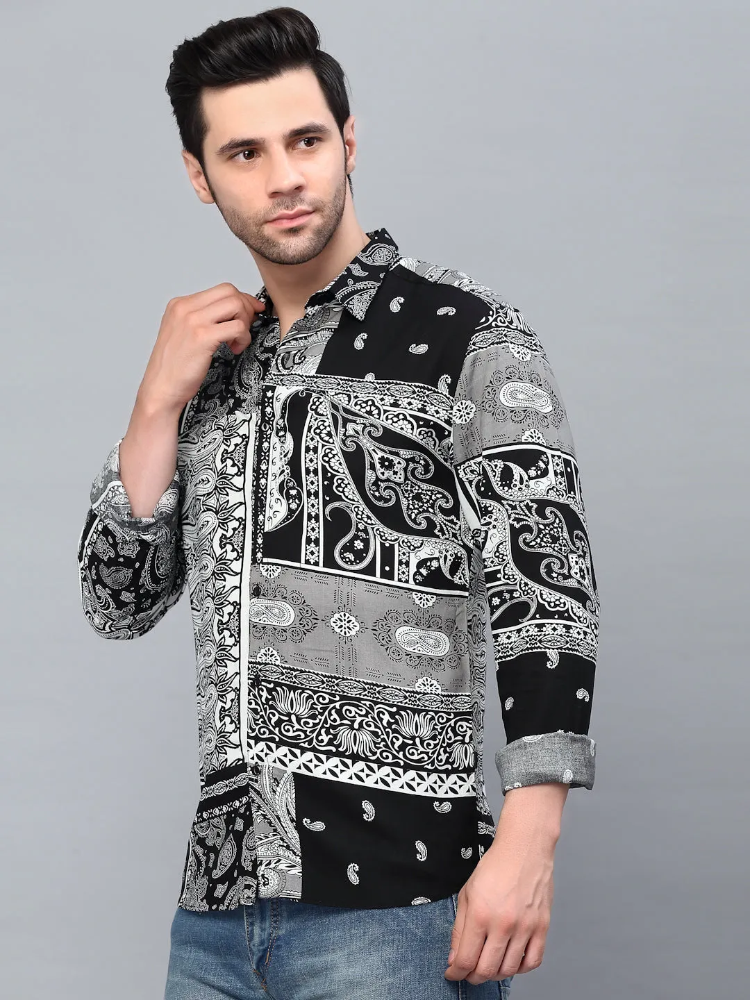 Black Paisley Printed Cut Away Collar Full Sleeve Shirt