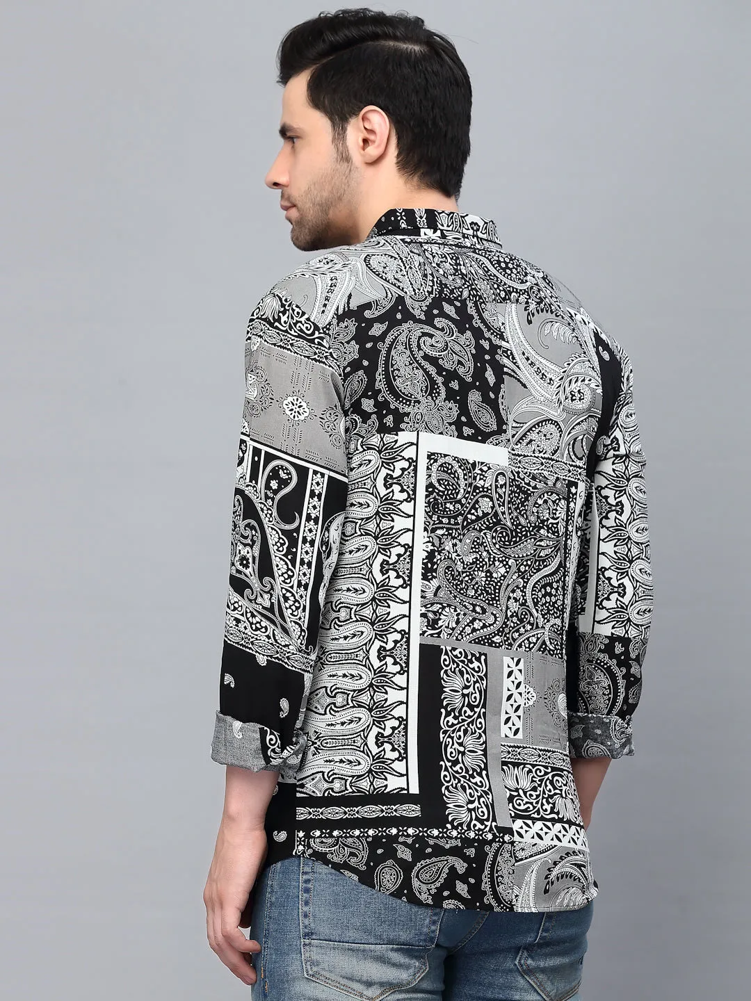 Black Paisley Printed Cut Away Collar Full Sleeve Shirt