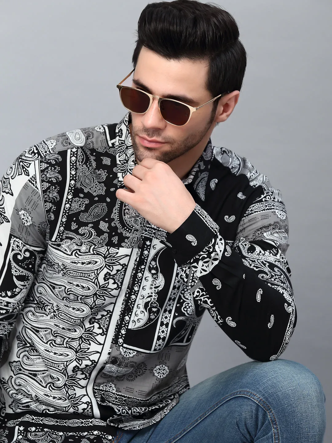 Black Paisley Printed Cut Away Collar Full Sleeve Shirt