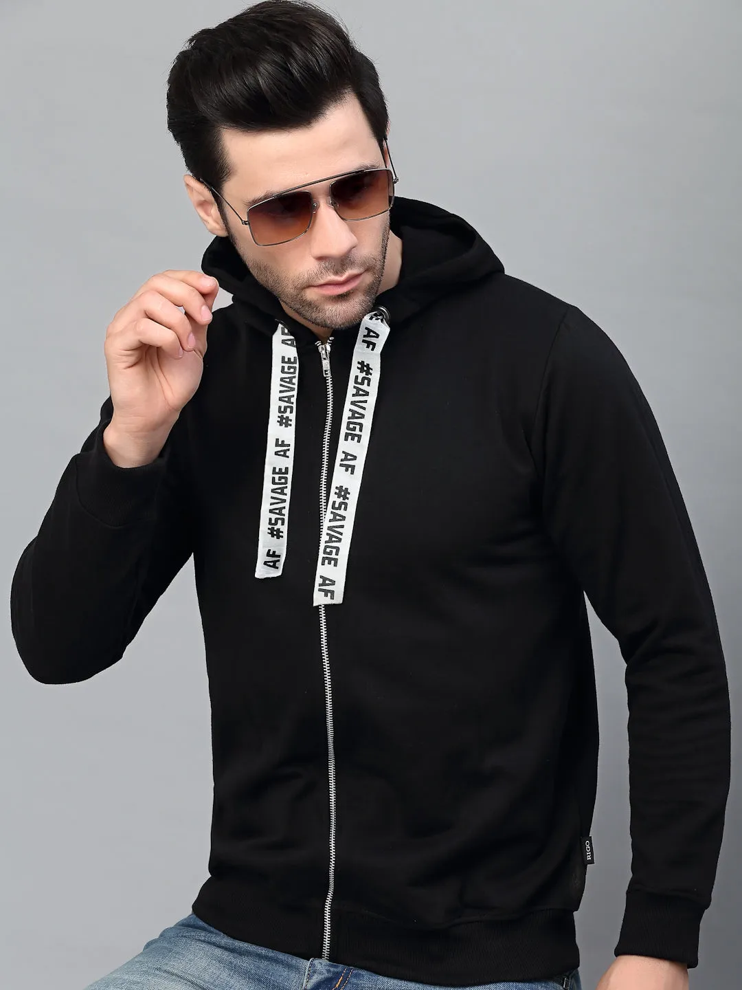 Black Printed String Fleece Jacket