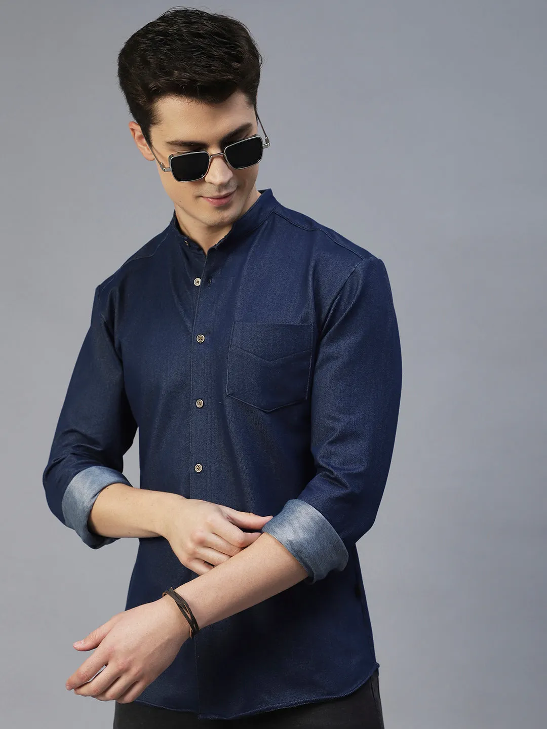 Blue Denim Banded Collar Full Sleeve Shirt