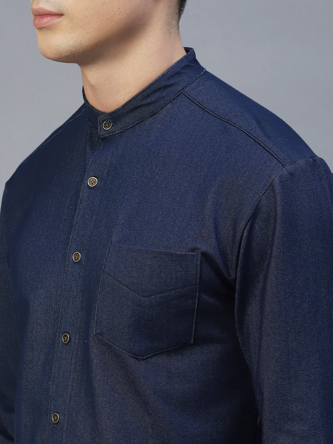 Blue Denim Banded Collar Full Sleeve Shirt