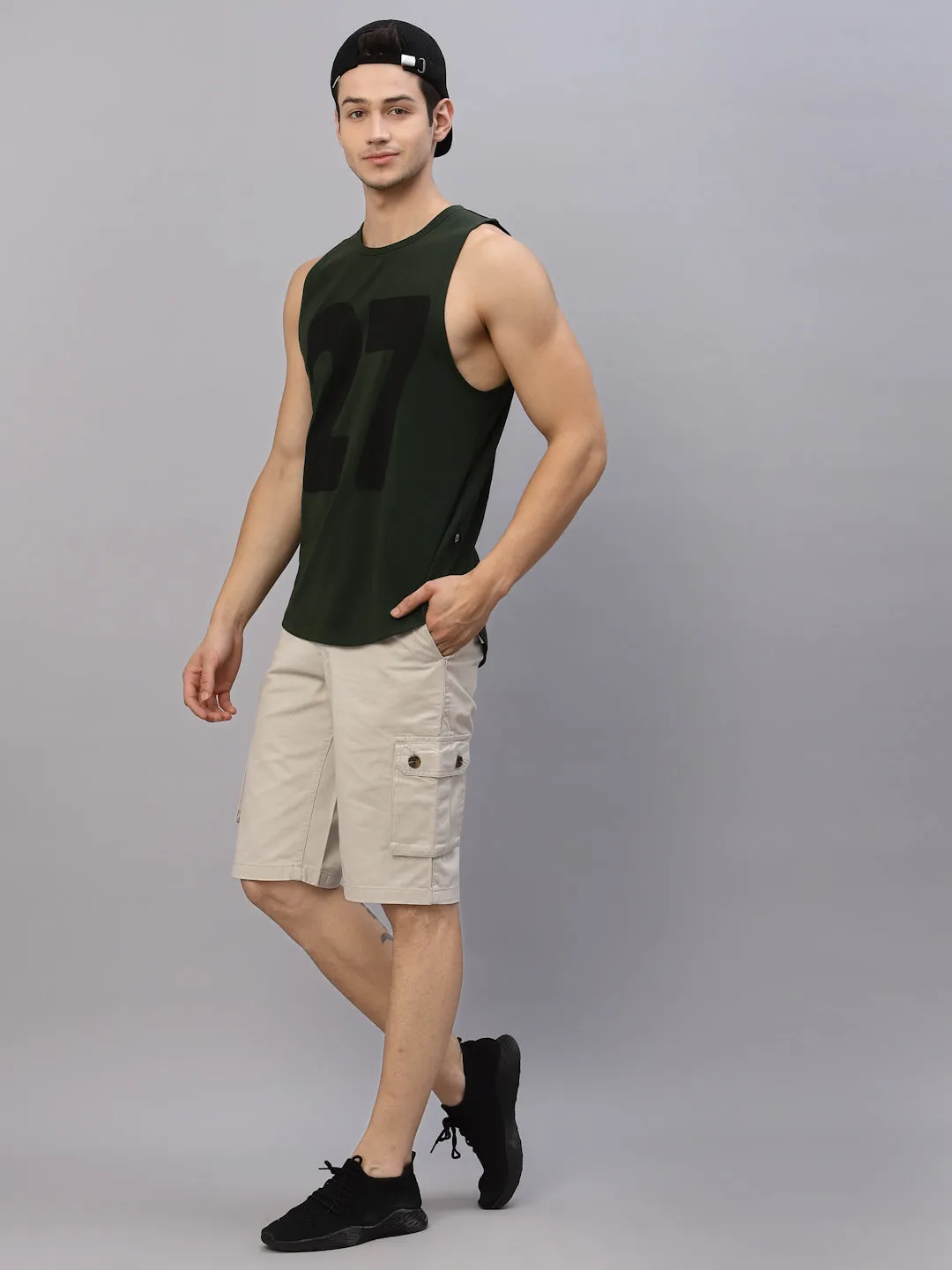 Bottle Green Numerical Print Round Neck Sleeveless T-Shirt Vest