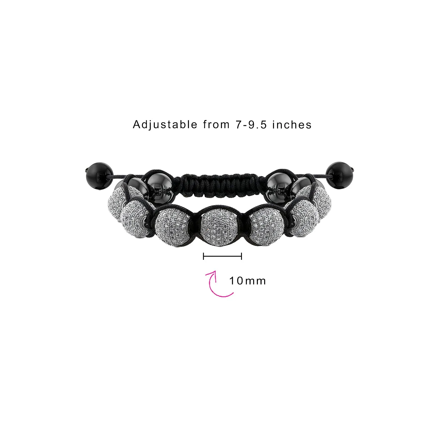 Crystal Ball Hematite Shamballa Inspired Bracelet Black Cord