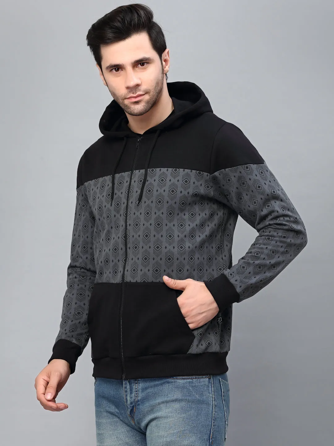 Dark Grey Hooded Printed Fleece Jacket