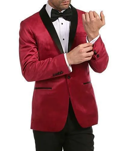 Enzo Collection-Maroon Velvet Slim Fit Shawl Lapel Tuxedo Men's Blazer