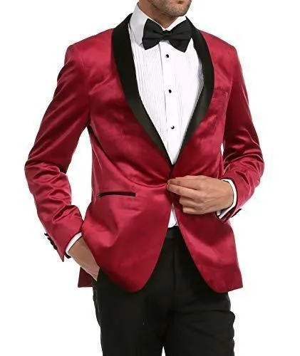 Enzo Collection-Maroon Velvet Slim Fit Shawl Lapel Tuxedo Men's Blazer