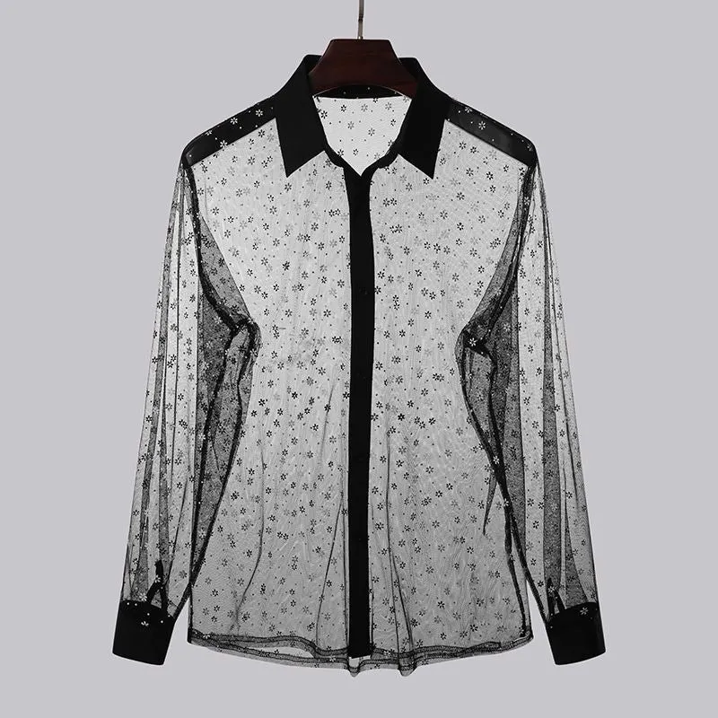 Foesce -Fashion Men Shirt Mesh See Through Sexy Floral Long Sleeve Lapel Party Nightclub Shirts Men Streetwear Camisas 5XL