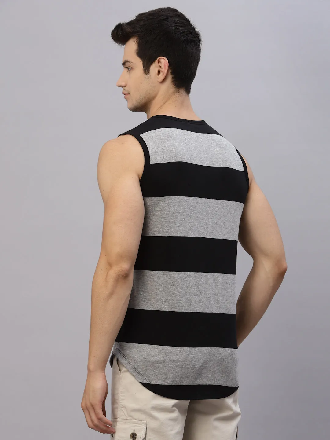 Grey Black Stripe Printed Round Neck Sleeveless T-Shirt Vest