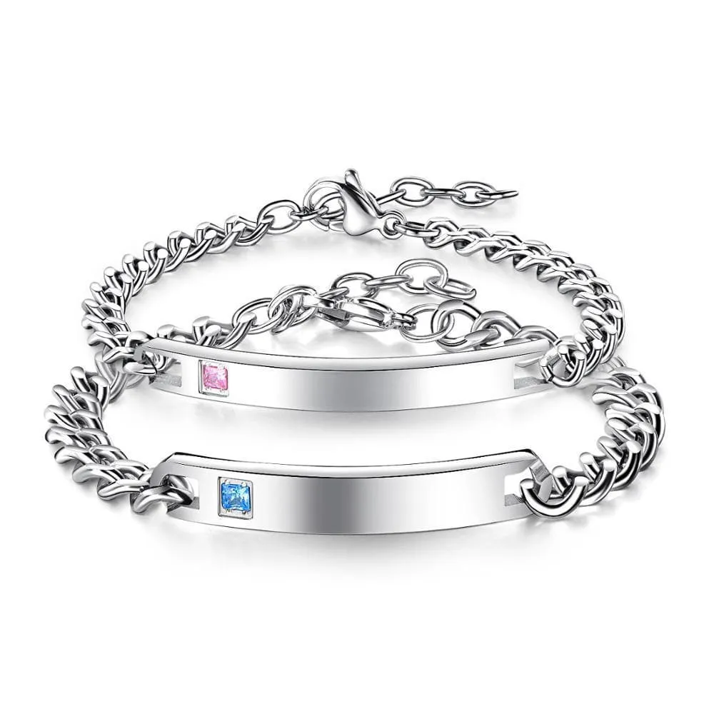 Matching Couple Bracelets With Custom Engraving - Silver