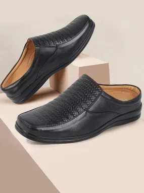 Men Black Casual Leather Slip On Hand Knitted Shoe Style Sandals