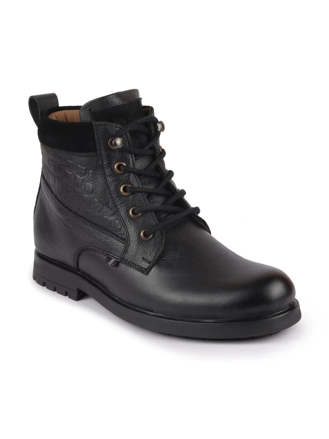 Men Black Leather Lace Up Mid Top Boots