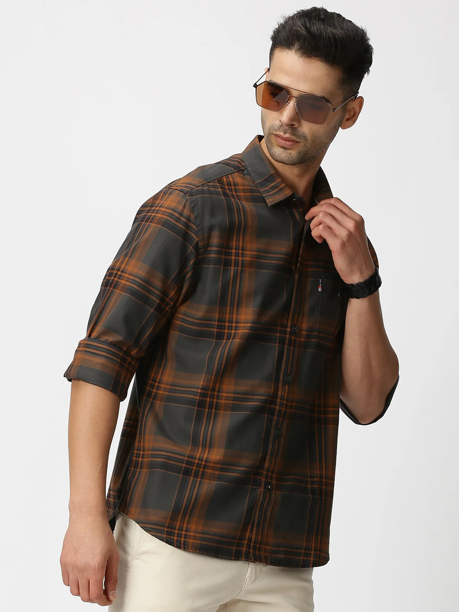 MEN'S BROWN CHECKS SLIM FIT SHIRT