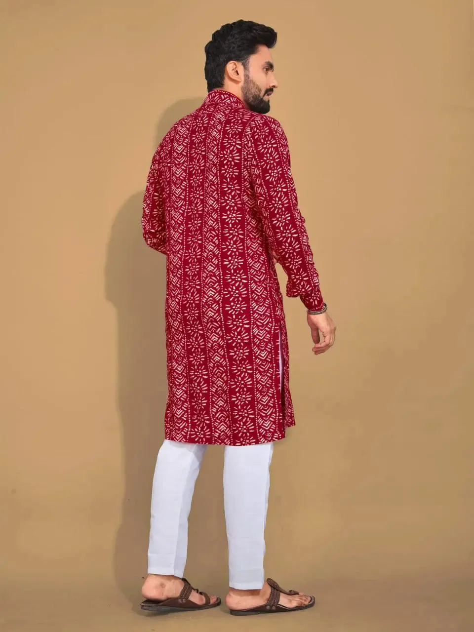 Men's Ethnic Cotton Red Kurta Pajama Set