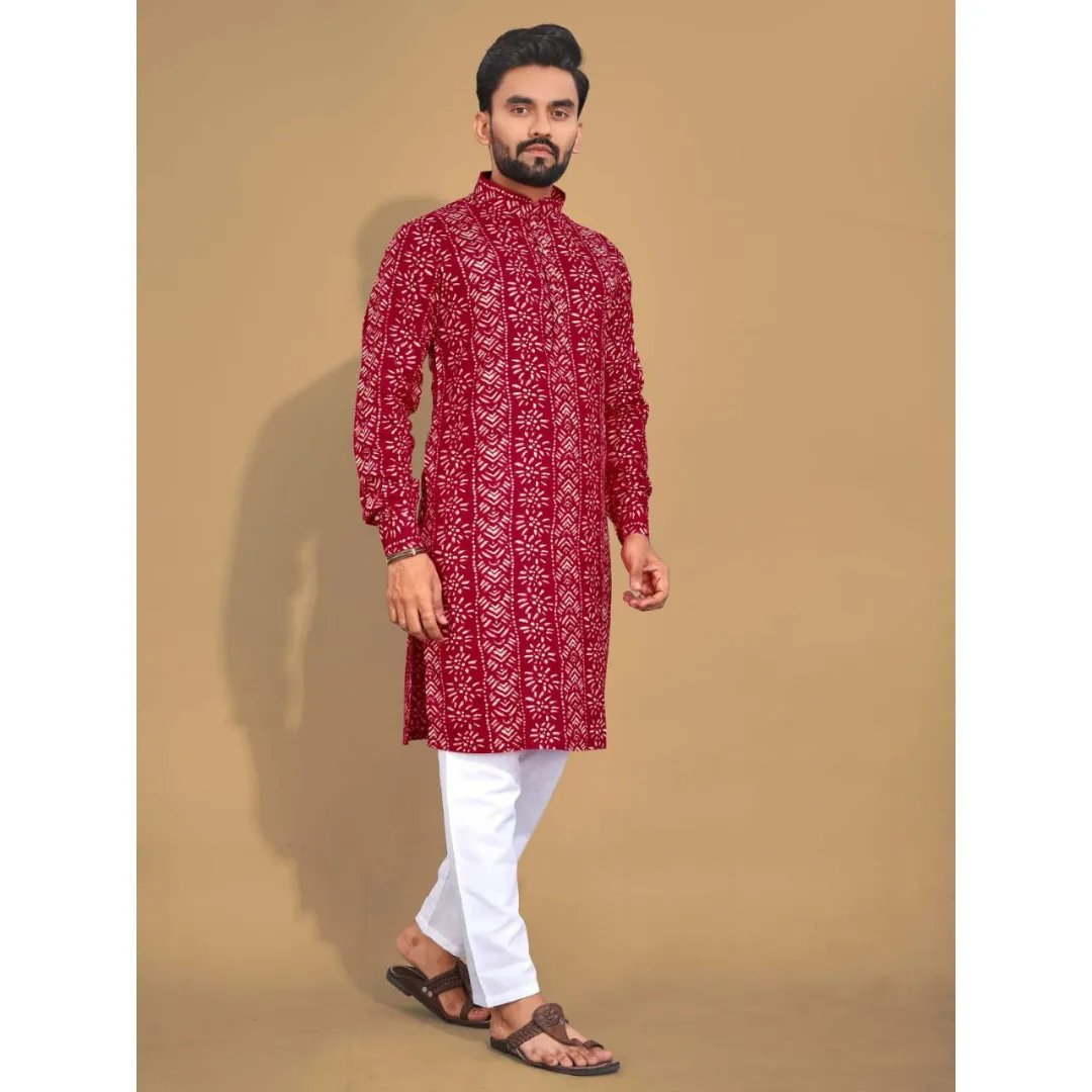 Men's Ethnic Cotton Red Kurta Pajama Set