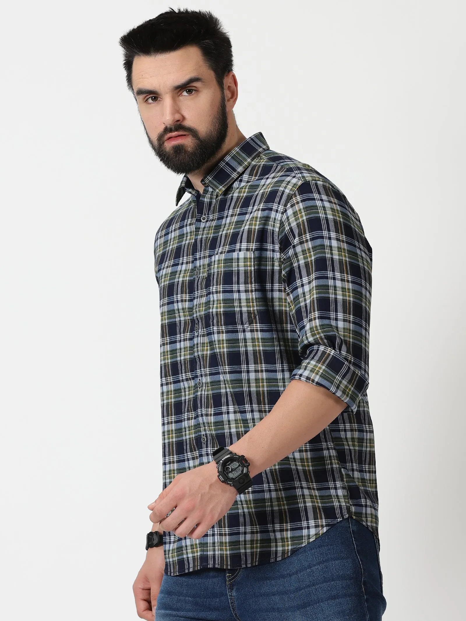 MEN'S GREEN CHECKS SLIM FIT SHIRT