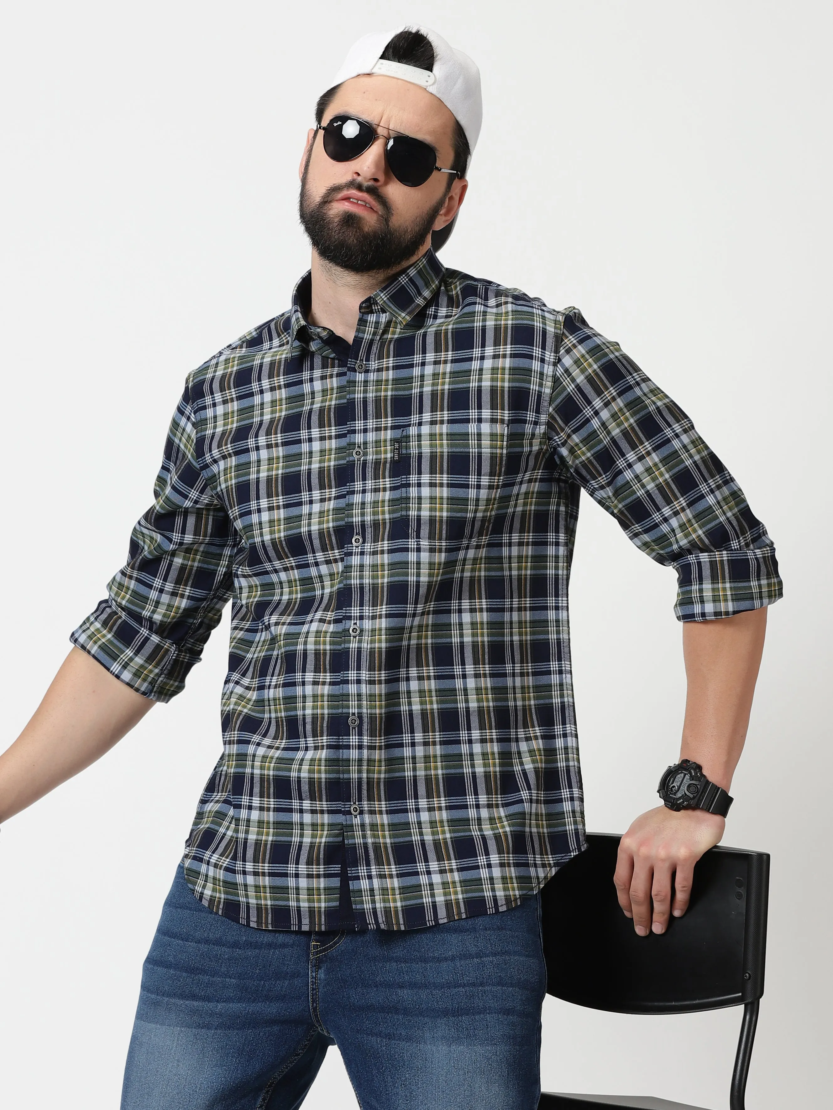 MEN'S GREEN CHECKS SLIM FIT SHIRT