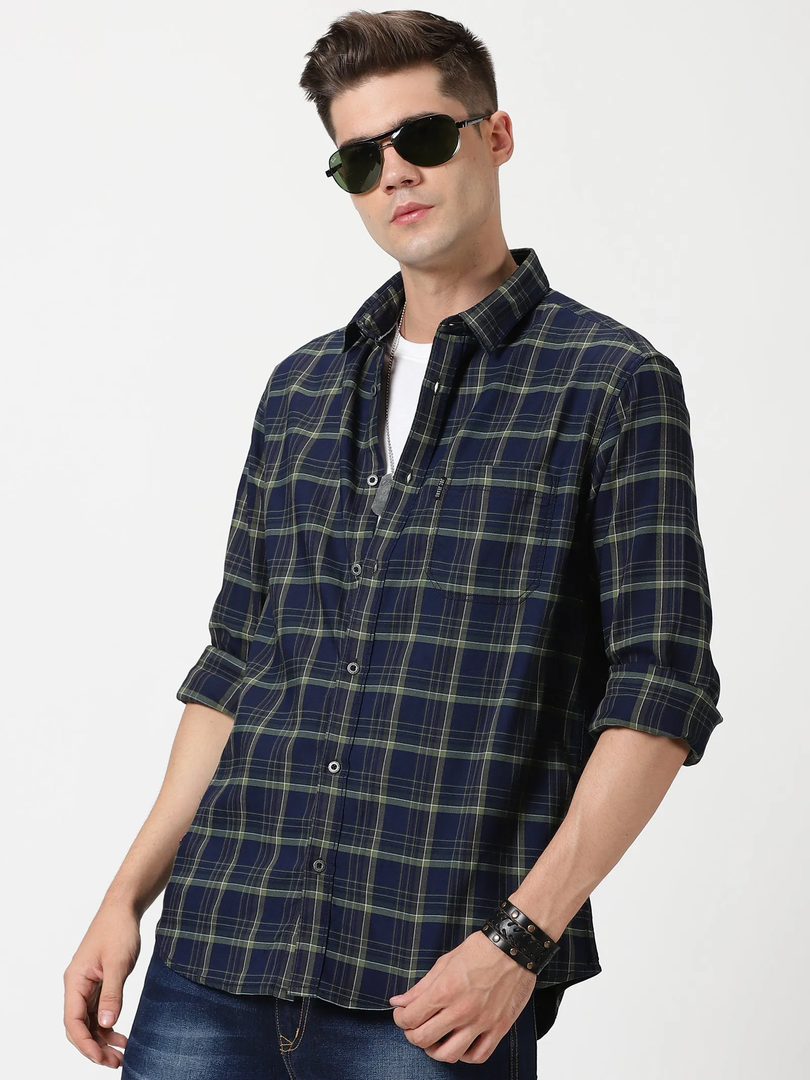 MEN'S GREEN CHECKS SLIM FIT SHIRT