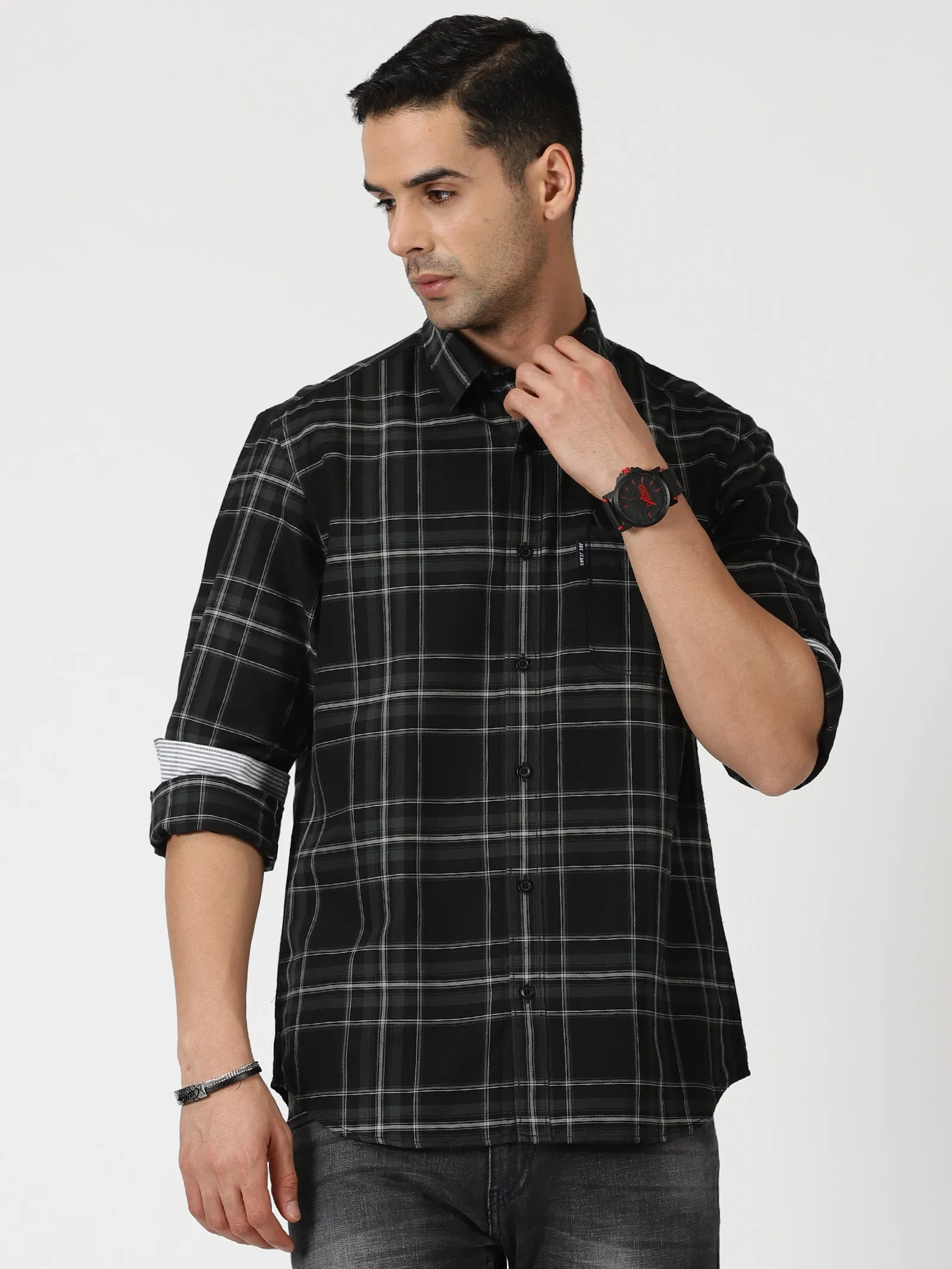 MEN'S GREEN CHECKS SLIM FIT SHIRT