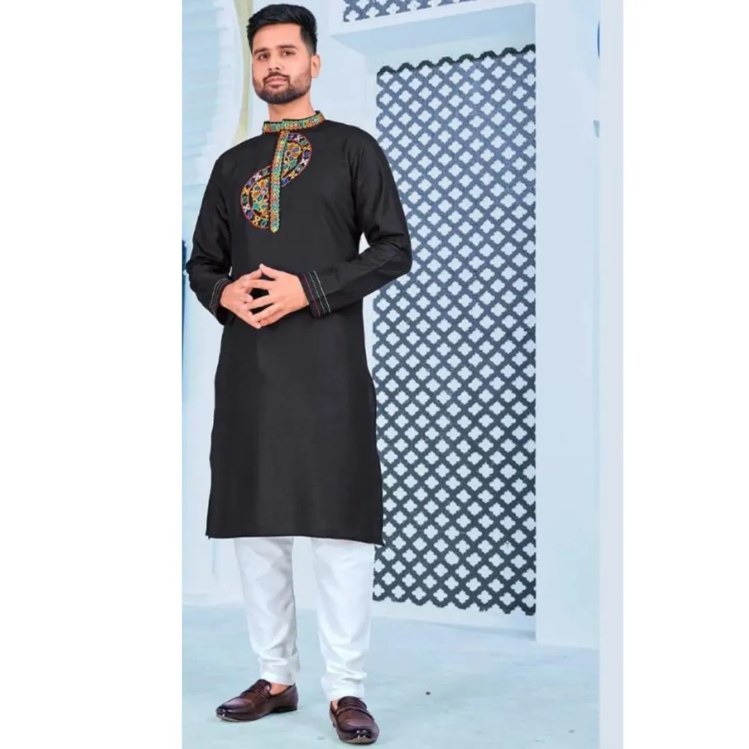 Men's Navratri Black Cotton Kurta Pajama