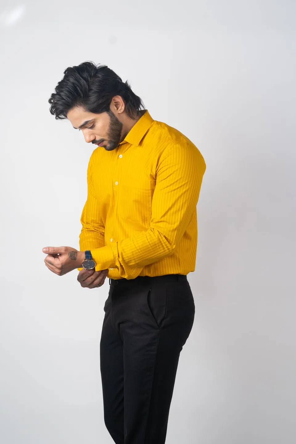 Mustard yellow Color vertical Cotton stripe Shirt For Men