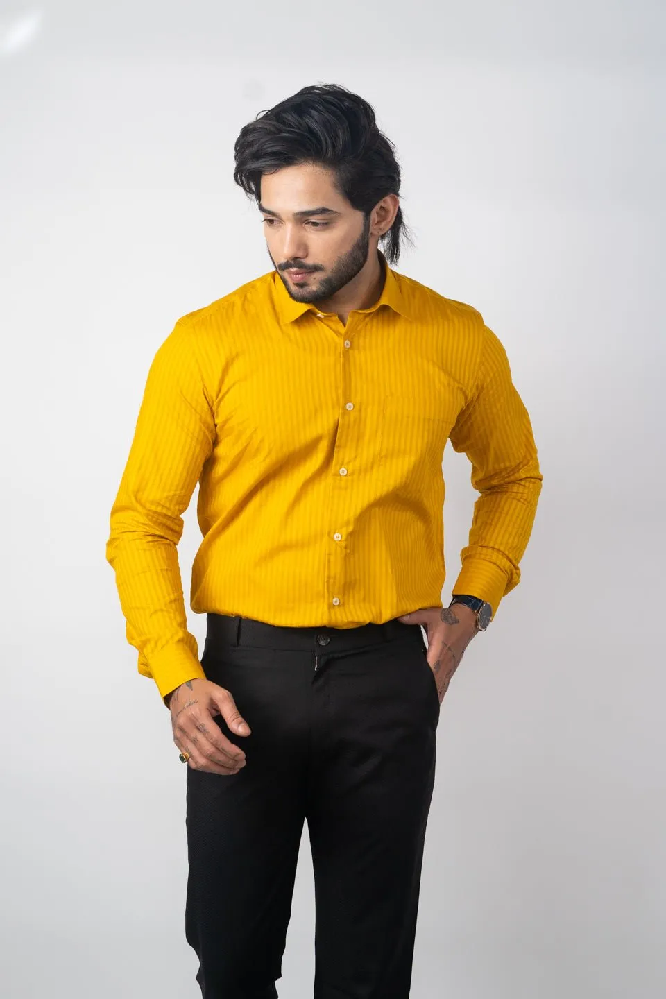 Mustard yellow Color vertical Cotton stripe Shirt For Men