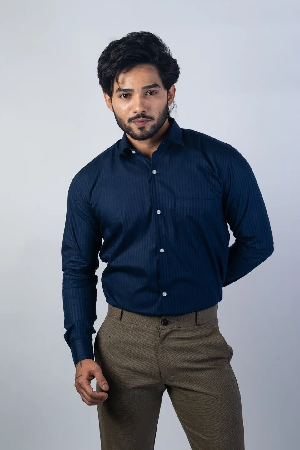 Navy Blue Color vertical Cotton stripe Shirt For Men