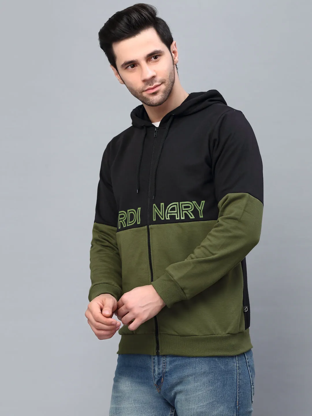 Olive green Printed Hood Fleece Jacket