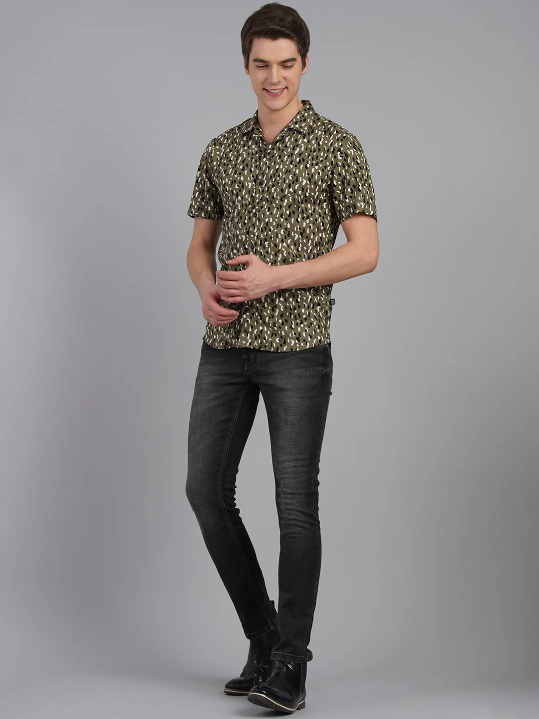 Olive Self Design Cheetah Print Cuban Collar Half Sleeve Shirt