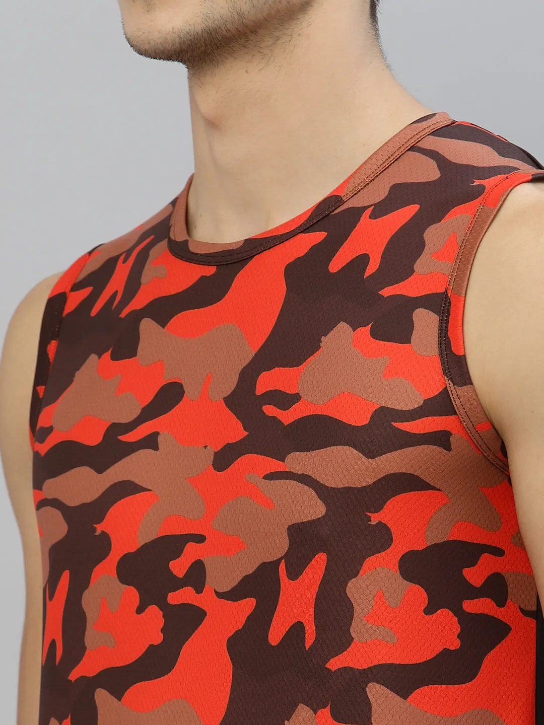 Orange Camouflage Printed Round Neck Sleeveless Activewear T-Shirt Vest