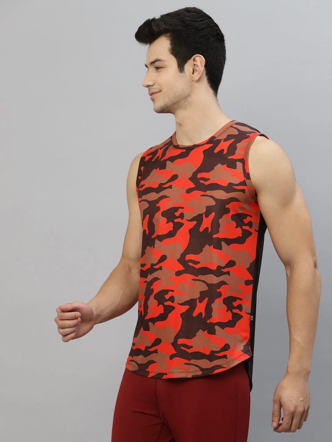 Orange Camouflage Printed Round Neck Sleeveless Activewear T-Shirt Vest