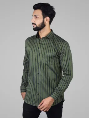 Striped Shirt Men - Green Twill Stripes Classic Fit Cotton Shirt