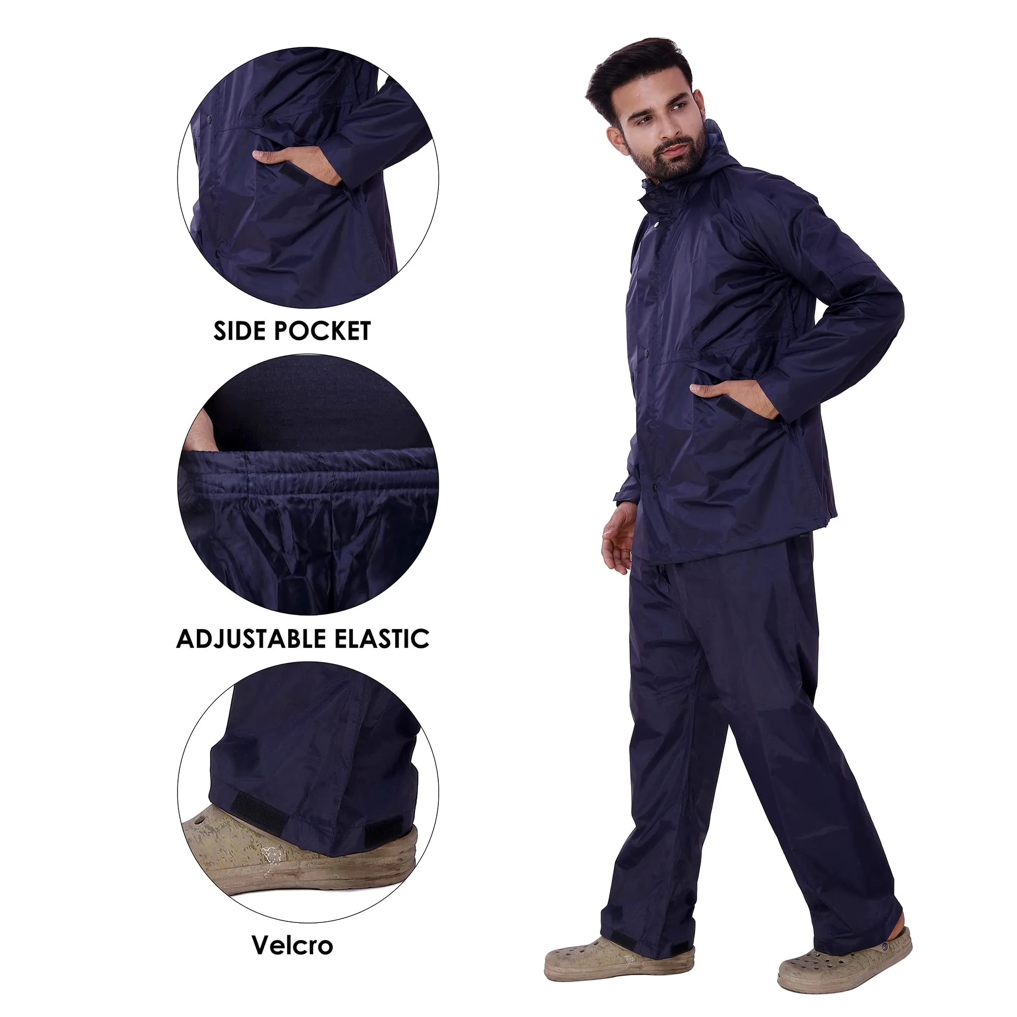 THE CLOWNFISH Bluford Rain Coat for Men Waterproof for Bike Raincoat for Men with Hood Nylon Material. Set of Top and Bottom. Bluford Series (Navy Blue, XXX-Large)