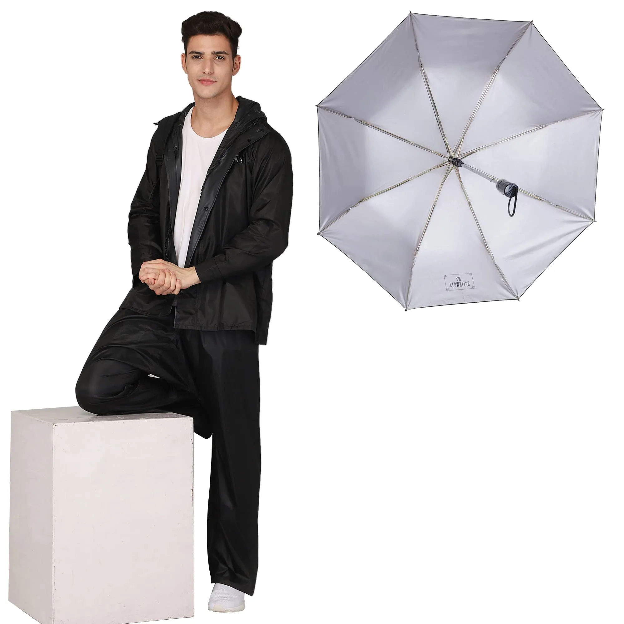 THE CLOWNFISH Combo Of Rain Coat for Men Waterproof Polyester (Black L) Umbrella 3 Fold Waterproof Pongee (Checks Design- Dark Pink)