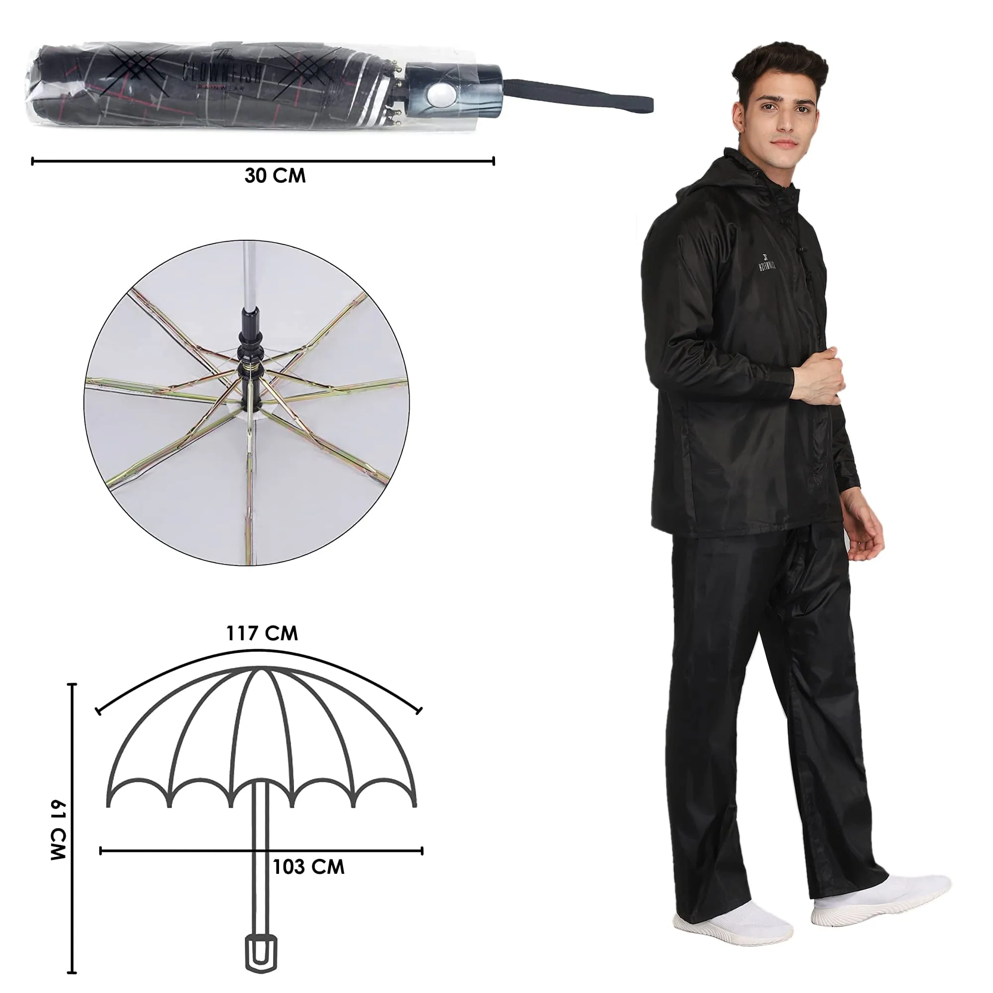 THE CLOWNFISH Combo Of Rain Coat for Men Waterproof Polyester (Black L) Umbrella 3 Fold Waterproof Pongee (Checks Design- Dark Pink)