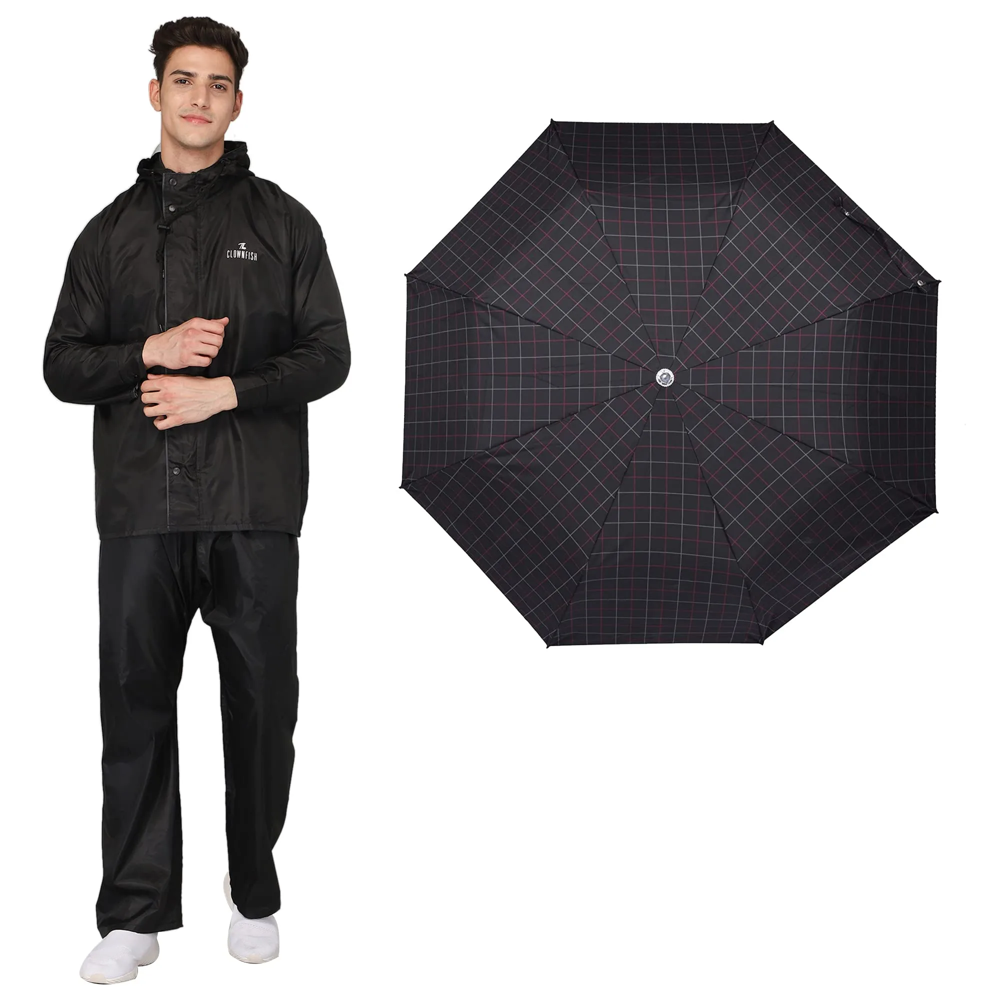 THE CLOWNFISH Combo Of Rain Coat for Men Waterproof Polyester (Black L) Umbrella 3 Fold Waterproof Pongee (Checks Design- Dark Pink)