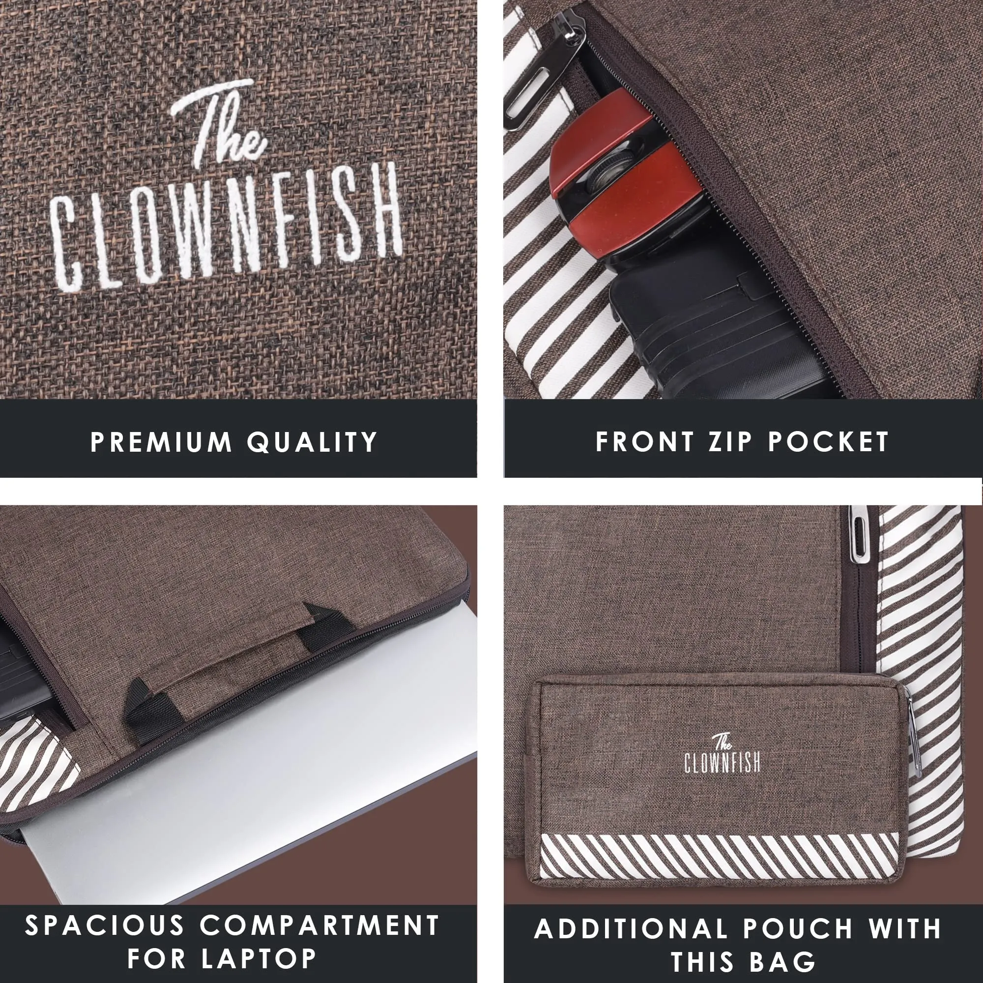 The Clownfish Combo of Rex Series Polyester 13 inch Laptop Sleeve with Comfortable Carry Handle & Scholar Series Multipurpose Polyester Travel Pouch Pencil Case Toiletry Bag (Brown)