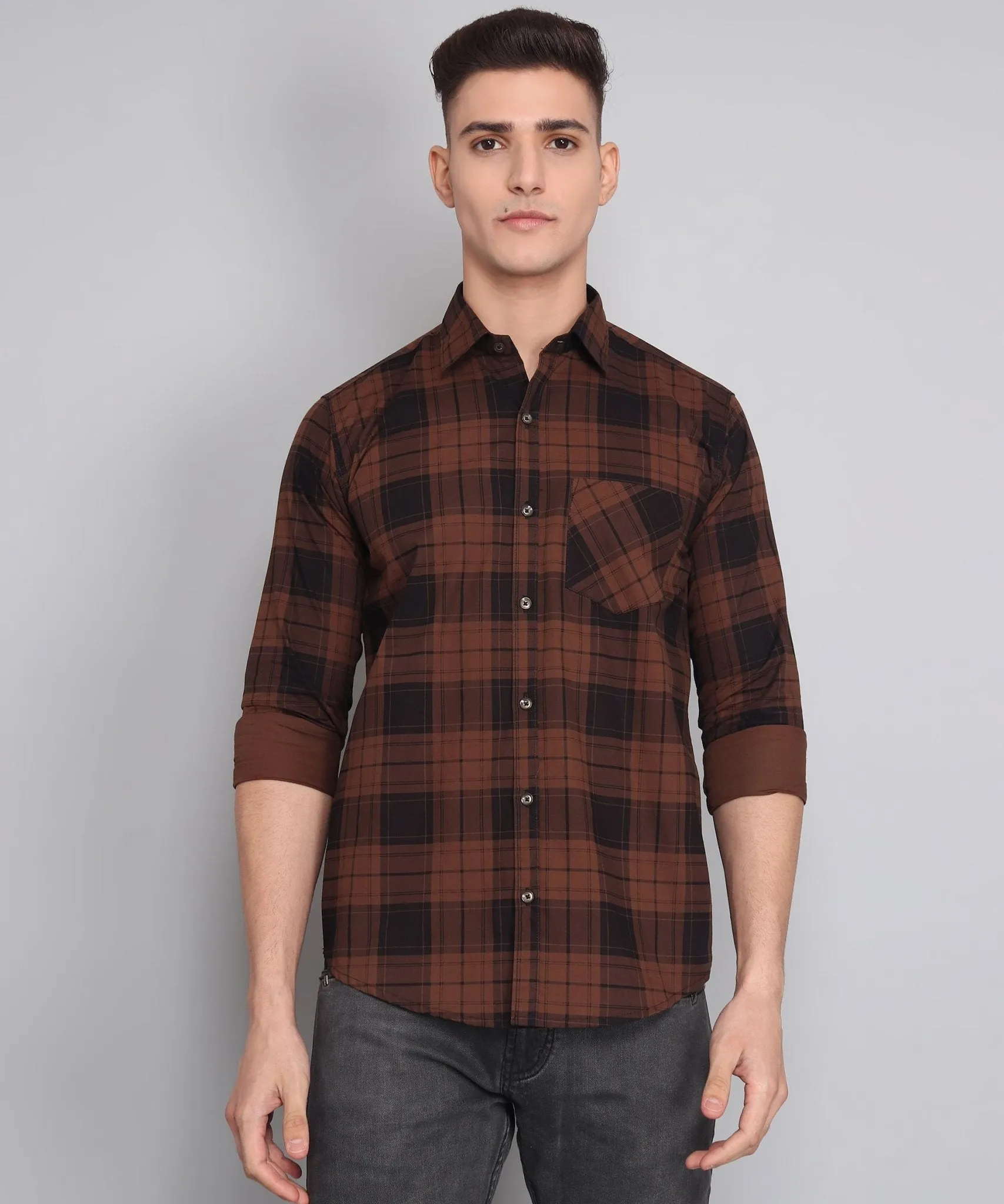 TryBuy Premium Exclusive Brown Black Cotton Checks Button-Up Shirt For Men