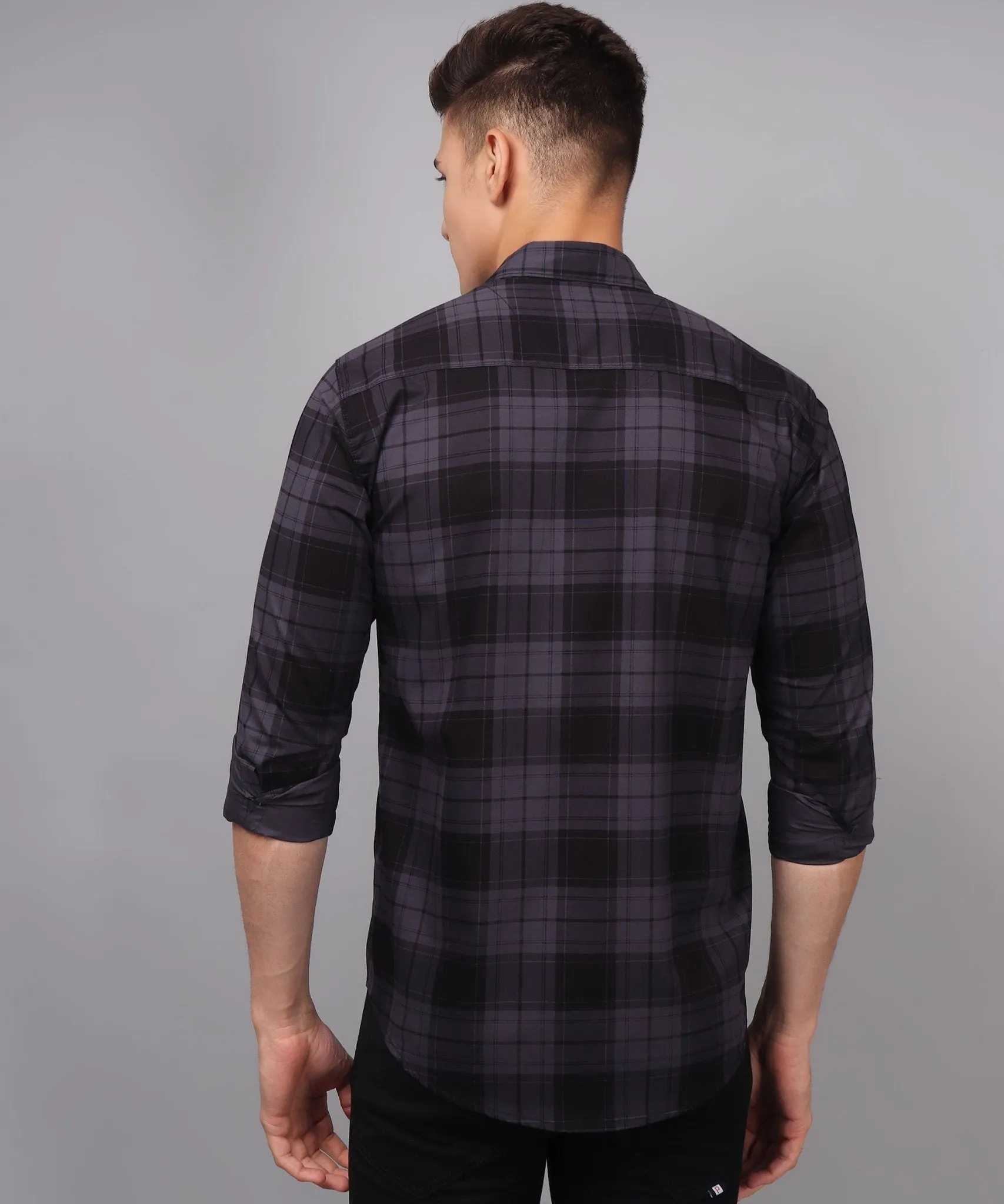 TryBuy Premium Grey Black Checks Cotton Button-Up Shirt For Men