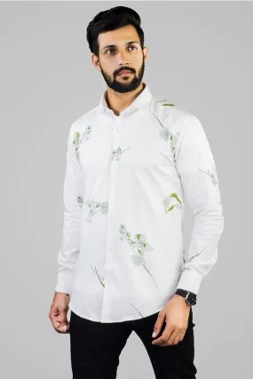 White Shirt for Men - Floral Print Cotton Spread Collar Shirt