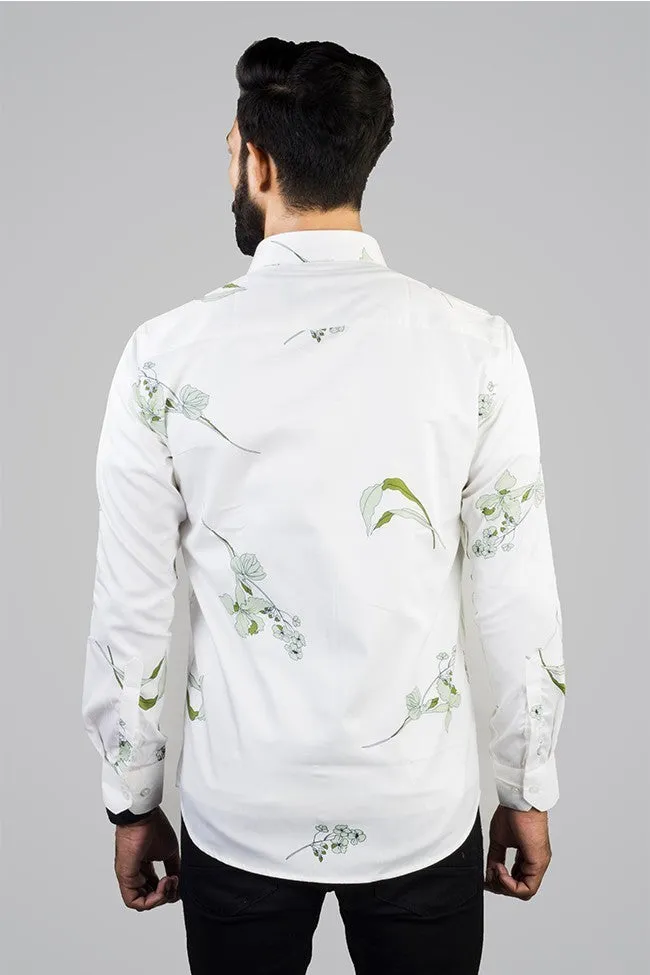 White Shirt for Men - Floral Print Cotton Spread Collar Shirt